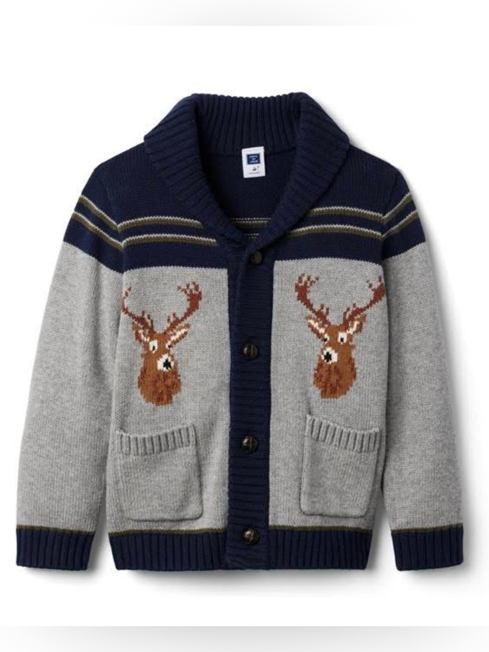 Janie and Jack Shawl Collar Reindeer Cardigan Sweater, Navy and Gray, 4